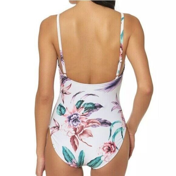 B-364 Jessica Simpson Floral Button One Piece Swimsuit WHITE TROPICAL sz S - Picture 2 of 2
